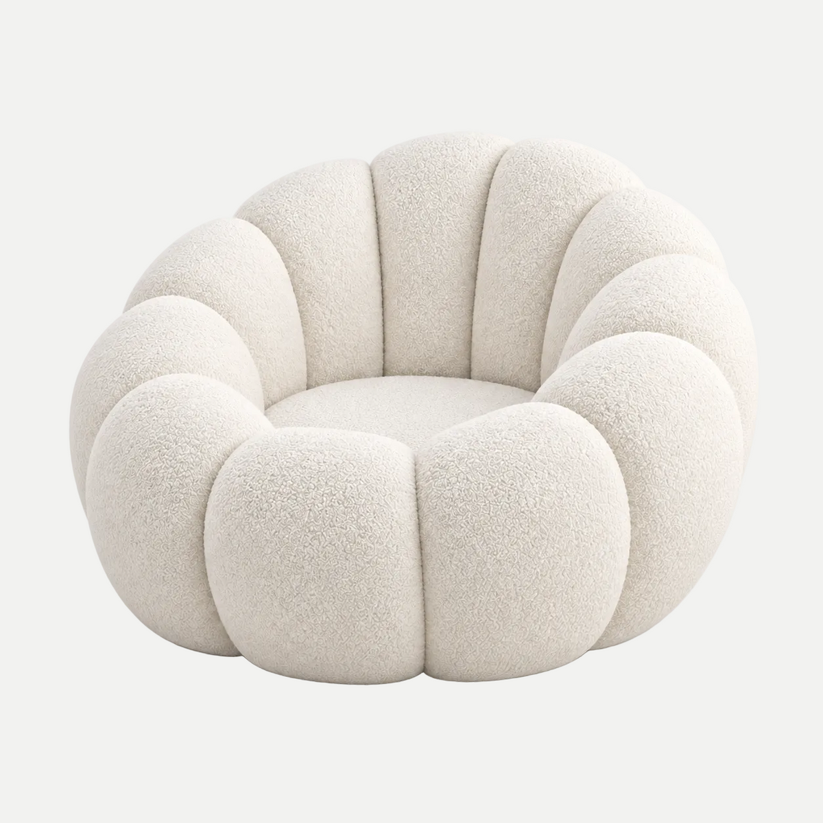 A modern, mushroom-shaped boucle armchair in a warm off-white or cream color, shown on a seamless light gray background.