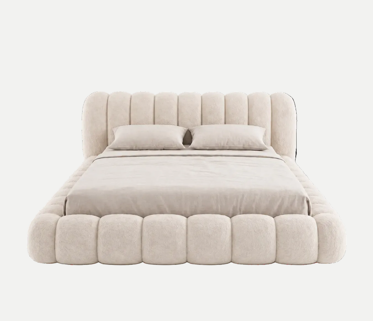 A modern platform bed with a high, vertically channel-tufted headboard and a matching padded footboard, upholstered in a textured light beige fabric. The bed is dressed in matching beige bedding, including two pillows, and is photographed against a seamless white background.