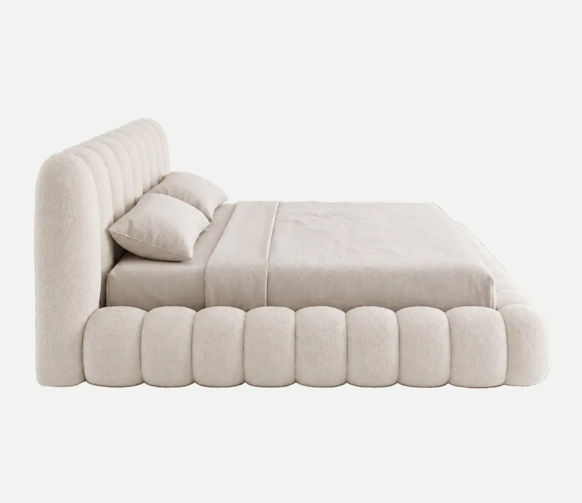 A modern platform bed with a tufted upholstered headboard and matching footboard in a light beige fabric, shown with neutral beige bedding and two pillows on a solid white background.