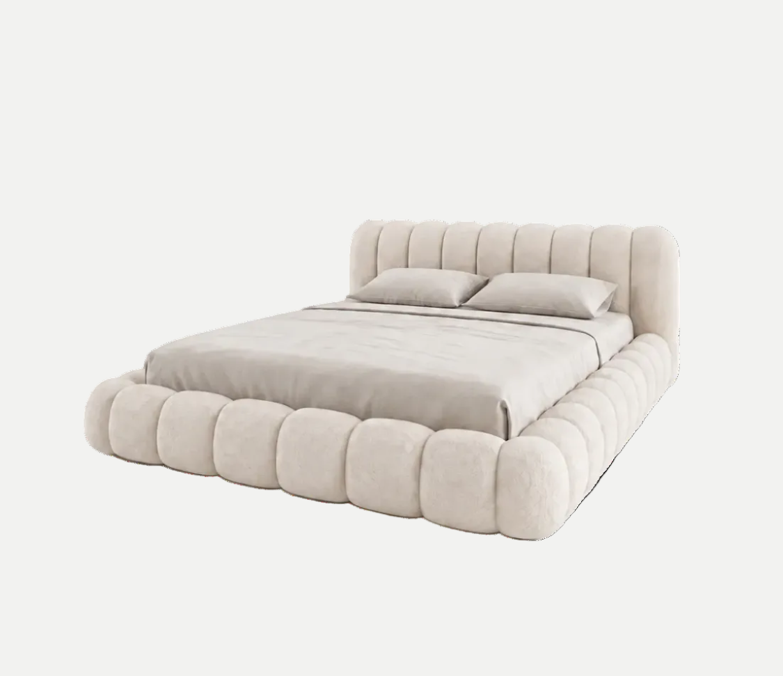 A modern platform bed with a chunky, tufted bubble design in a light beige fabric, styled with neutral beige bedding and two matching pillows, set against a plain white background.
