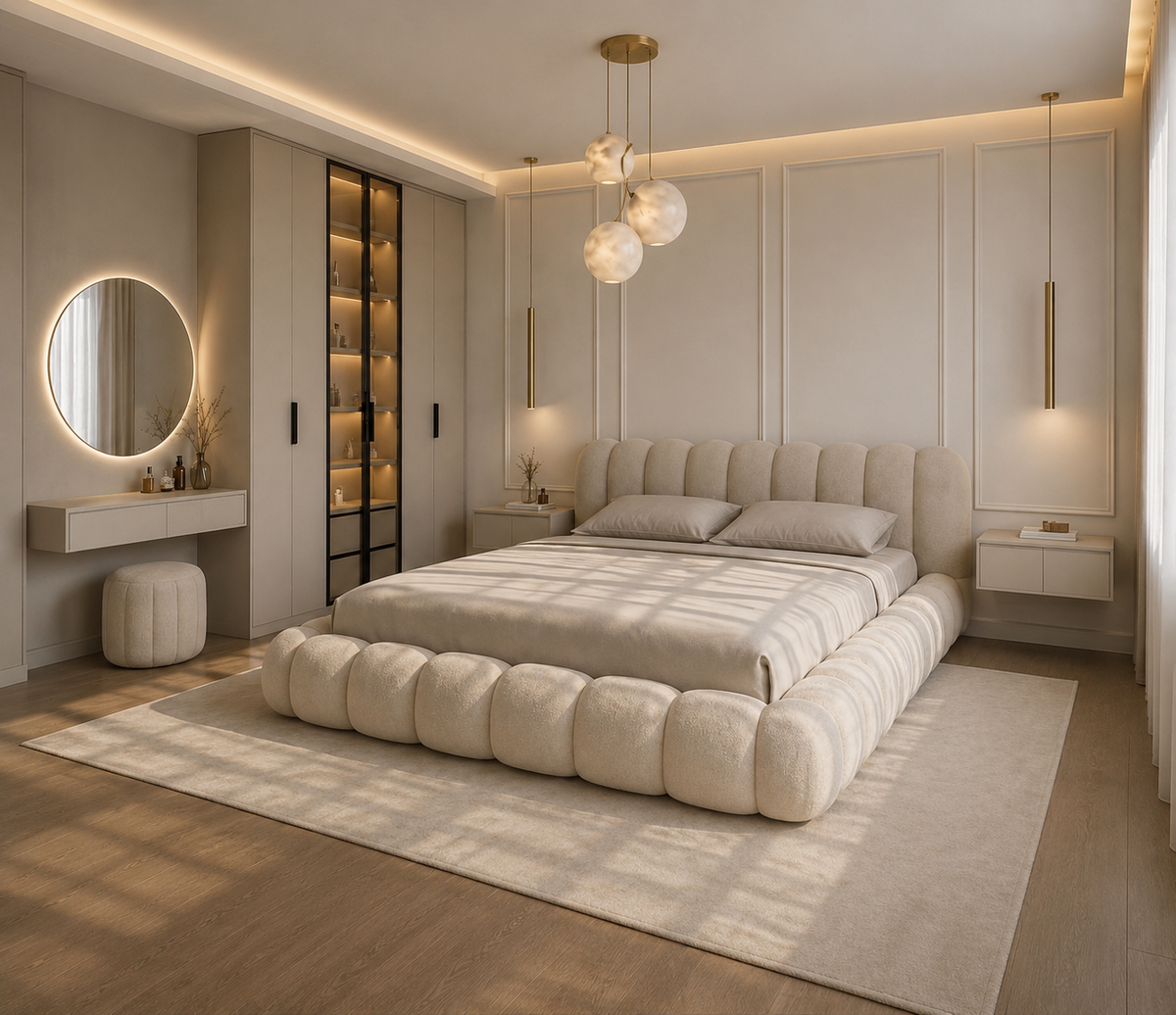 A luxury modern bedroom featuring a low, tufted platform bed in cream bouclé fabric, styled with neutral beige bedding and a matching area rug. The room includes a matching cream tufted bench, a vanity with a glowing round mirror, and a tall glass-front wardrobe.