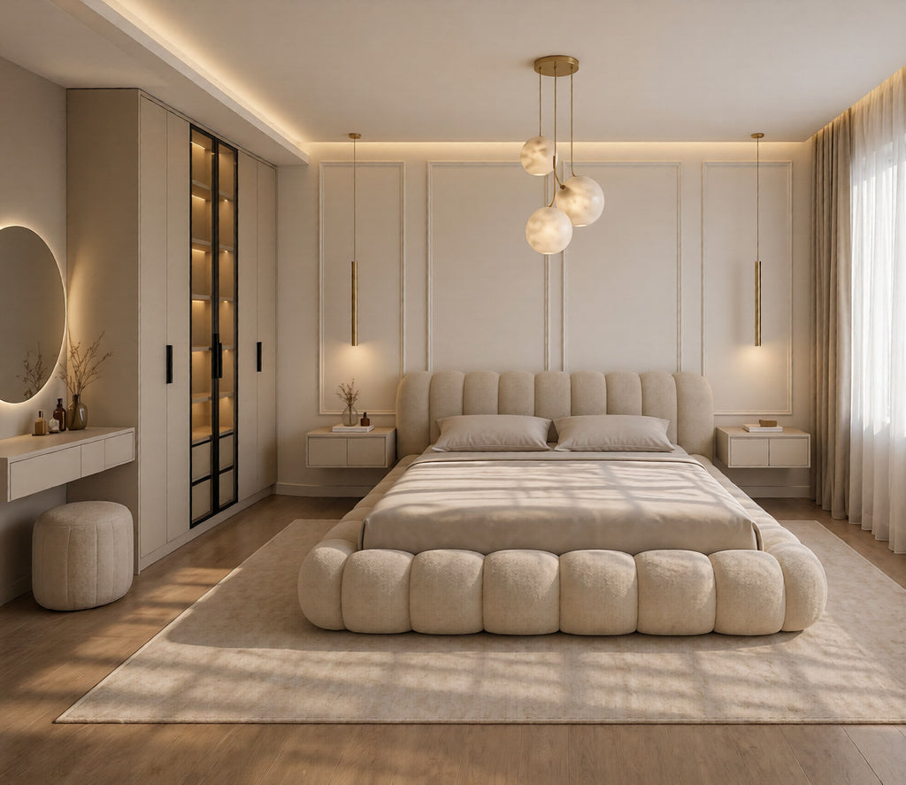 A modern bedroom featuring a low, tufted platform bed in a warm beige/cream color, styled with matching pillows and a large textured area rug. The room includes a matching beige upholstered vanity table and stool on the left, a tall glass-front wardrobe, and a multi-light pendant chandelier hanging above the bed.