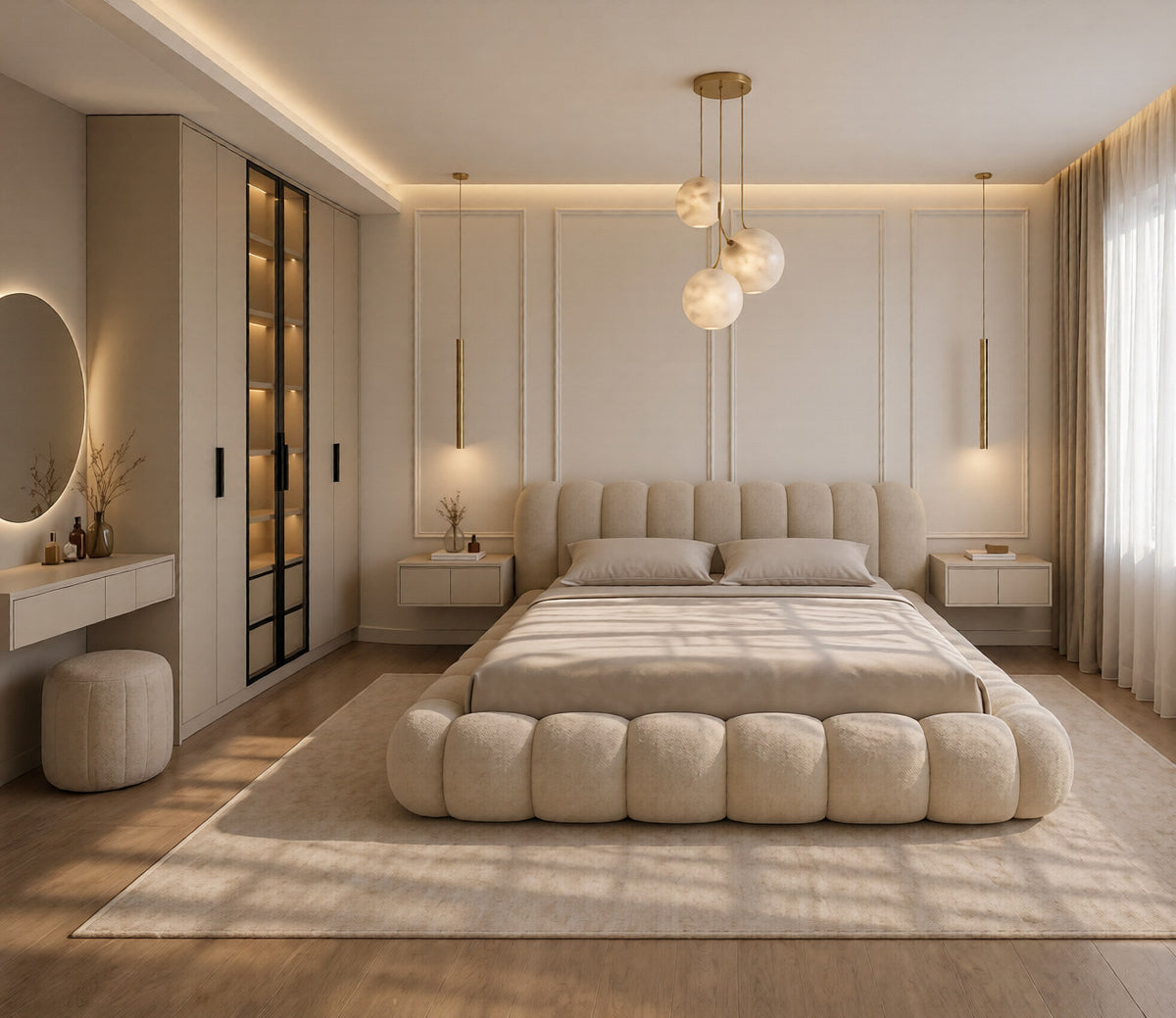 A modern bedroom featuring a low, tufted platform bed in a warm beige/cream color, styled with matching pillows and a large textured area rug. The room includes a matching beige upholstered vanity table and stool on the left, a tall glass-front wardrobe, and a multi-light pendant chandelier hanging above the bed.
