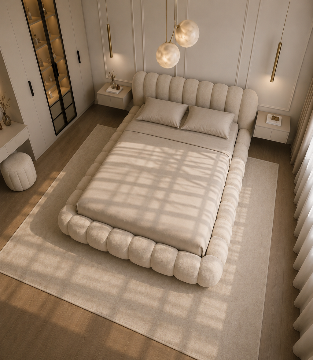 A modern platform bed with a thick, tufted upholstered frame in a warm beige or cream color, styled in a contemporary bedroom with a matching rug, bedside tables, and pendant lights.