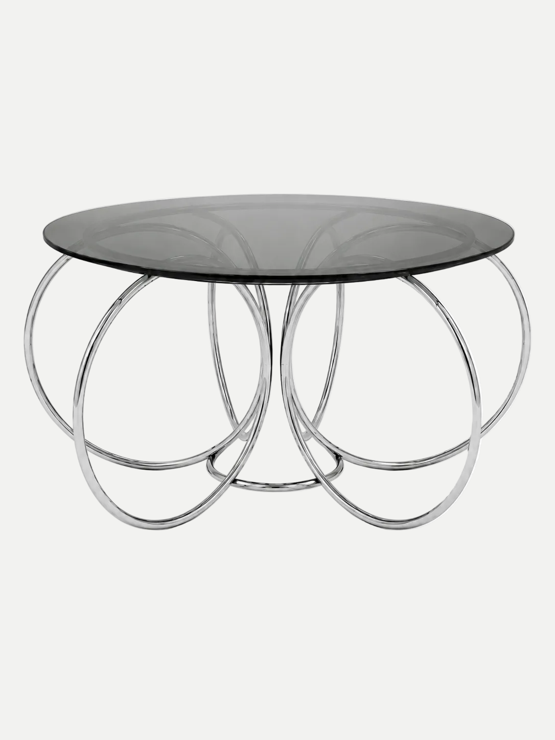 A modern round main entrance table with a dark gray glass top and a chrome wire loop base, shown against a light gray background.