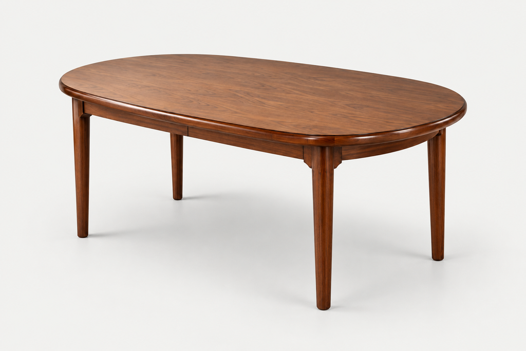 An oval wooden dining table with a warm medium-brown finish and four tapered legs, shown on a light gray studio background.