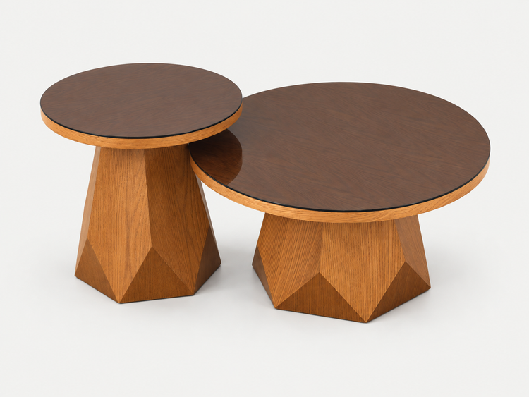 Two nesting round nesting side tables with geometric faceted wooden bases and dark brown wood tops, shown on a clean white background.