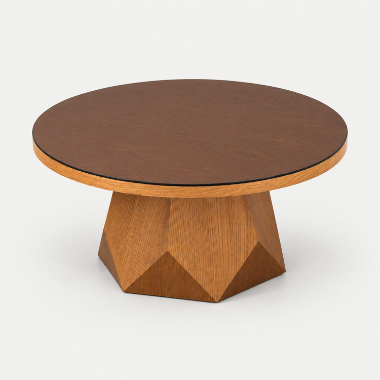 A round wooden coffee table with a dark brown top and a geometric faceted base in a warm honey-brown wood finish, shown on a light gray background.