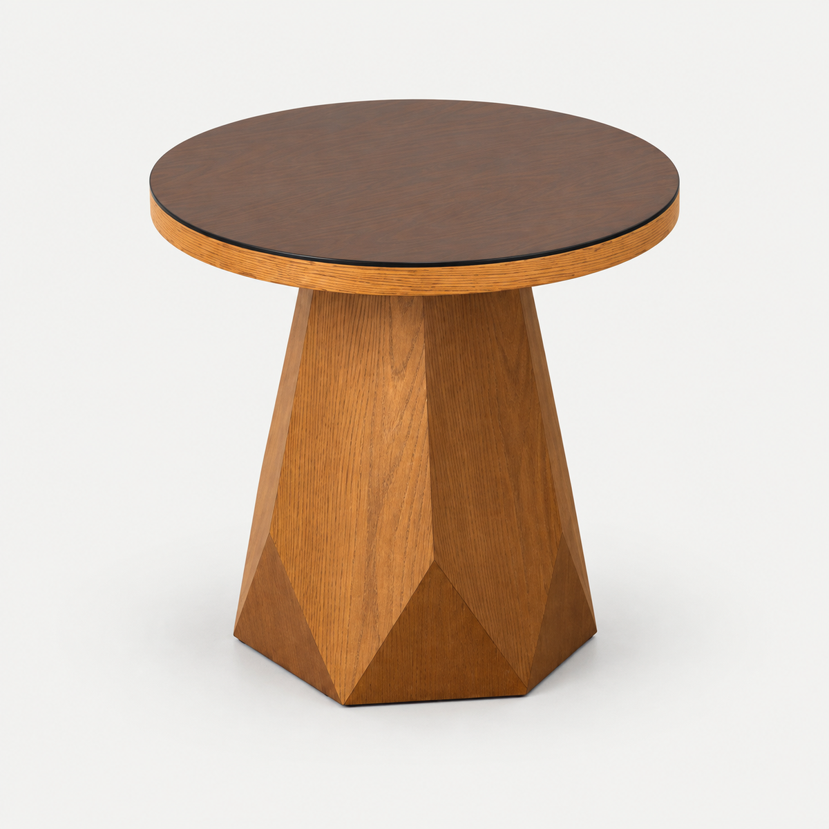A modern side table with a faceted geometric wooden base and a round dark brown top, shown on a clean white background.