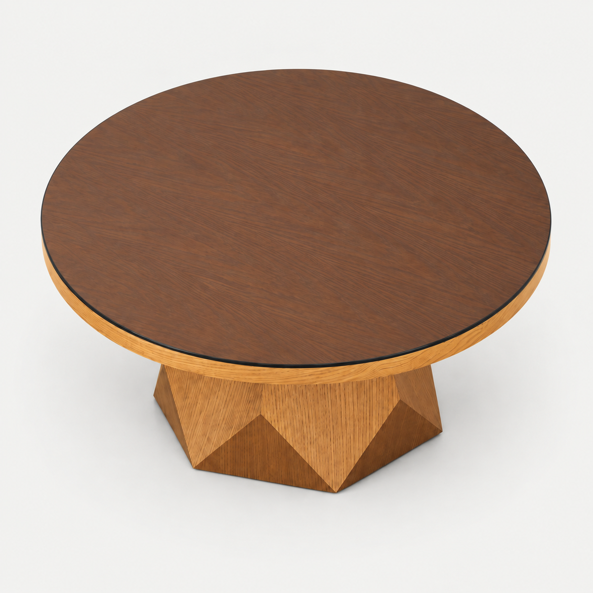 A round wooden coffee table with a dark brown top and a geometric faceted pedestal base in a lighter natural wood tone, shown on a clean white background.