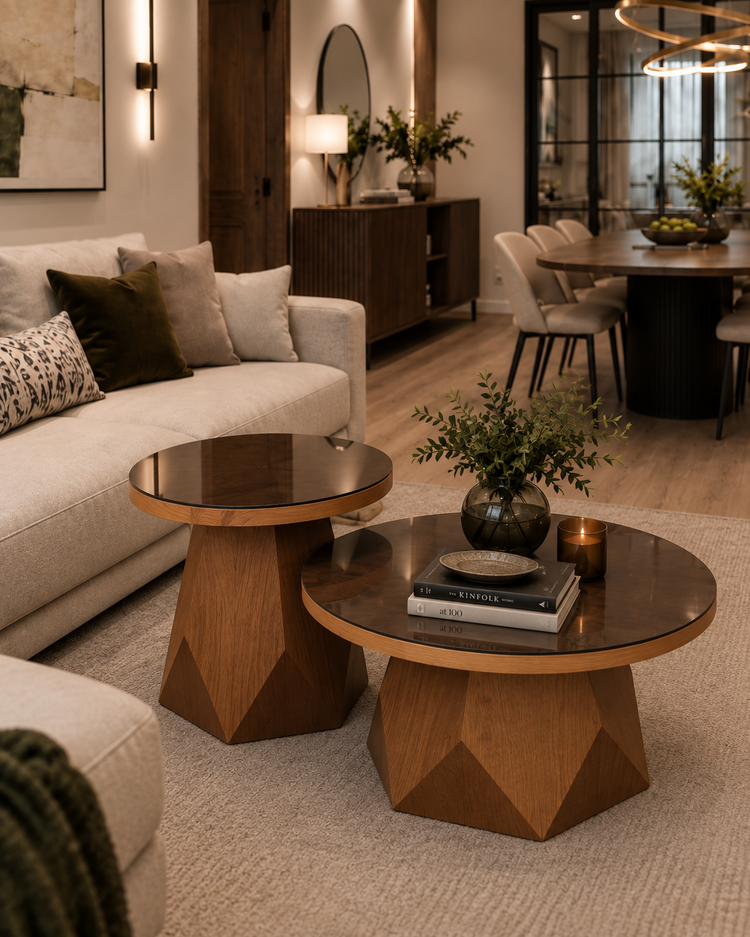 Two modern nesting coffee tables in a warm, contemporary living room. The tables feature geometric wood bases in a medium brown tone with a dark brown polished top, styled with books, a vase, and candles.
