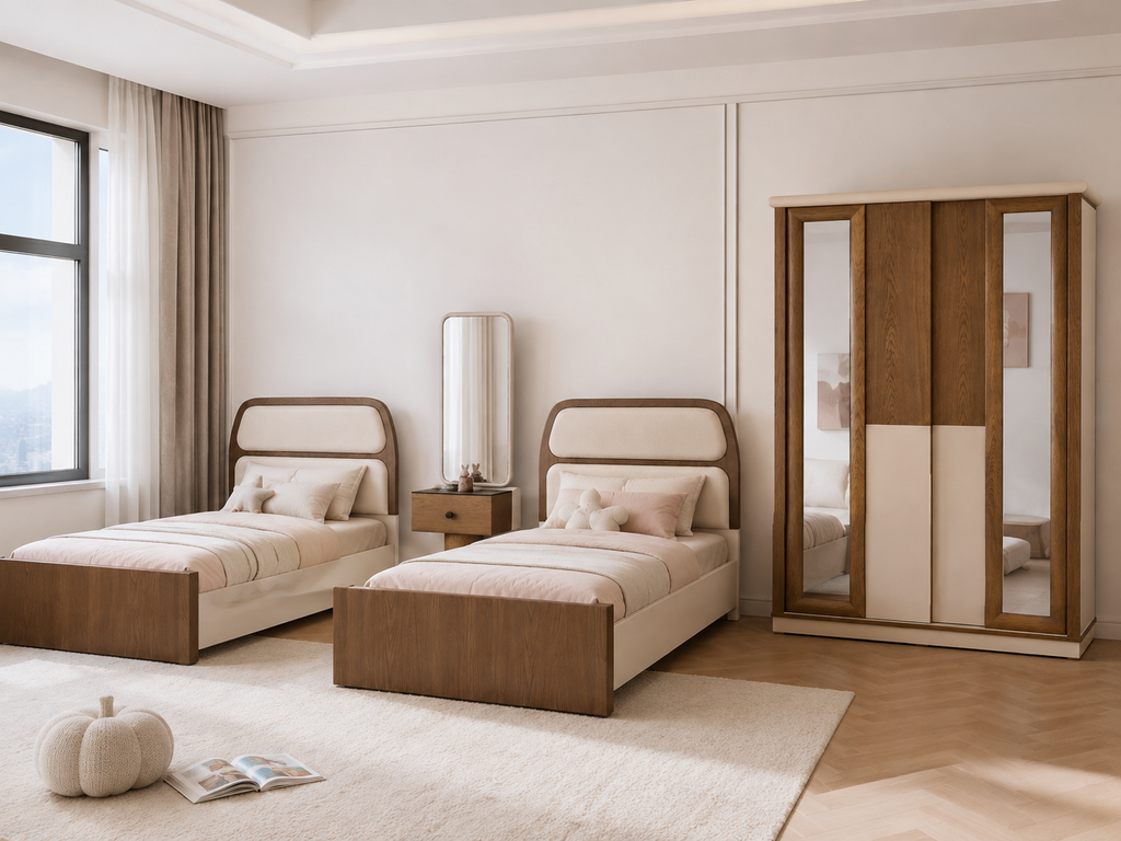 A modern bedroom featuring two single beds with cream upholstered headboards and light wood frames, a matching cream and wood wardrobe with mirrored doors, a small nightstand with a mirror, and a large cream rug on a light wood floor.