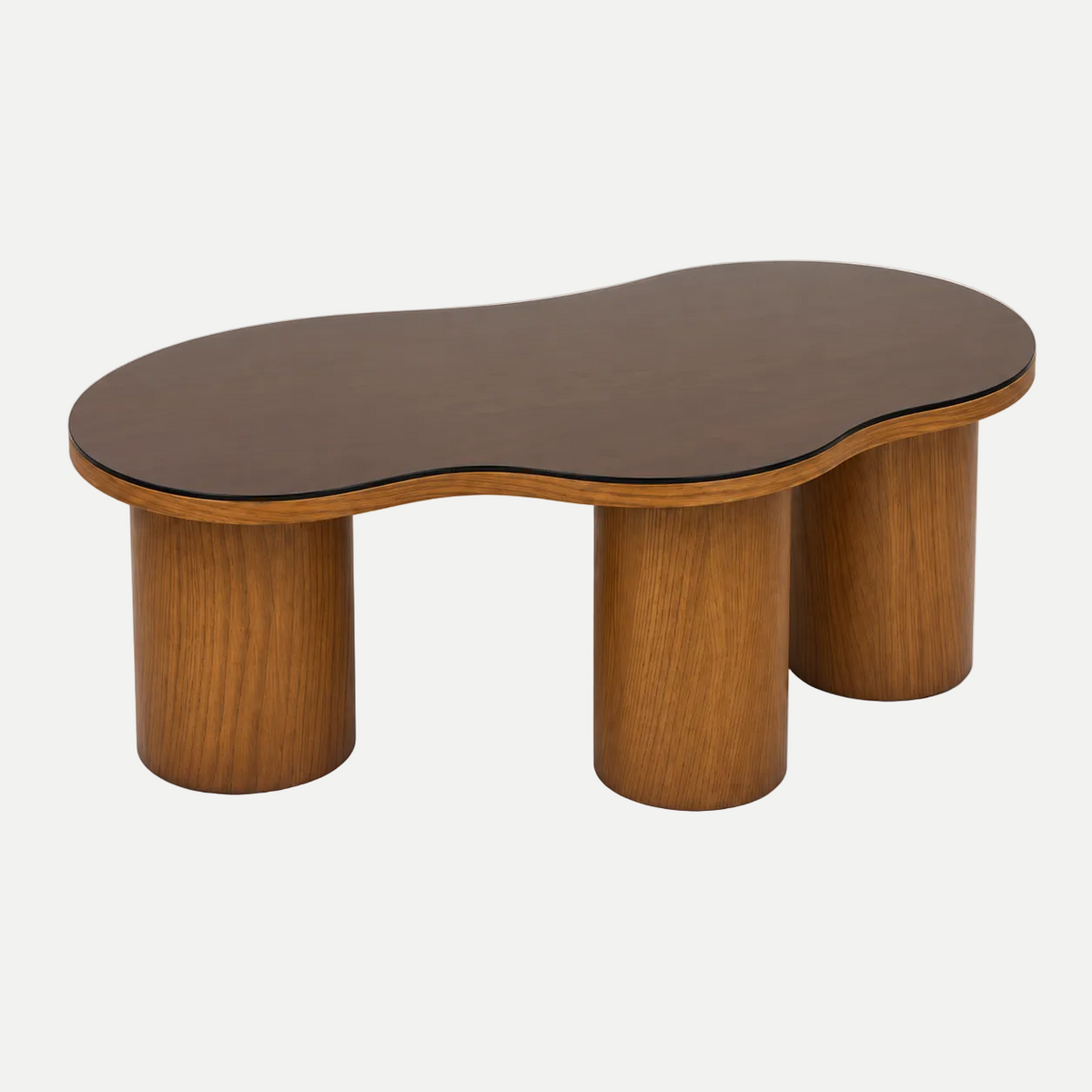 An organic-shaped wooden coffee table with a dark brown top and three cylindrical wooden legs, shown on a clean white background.