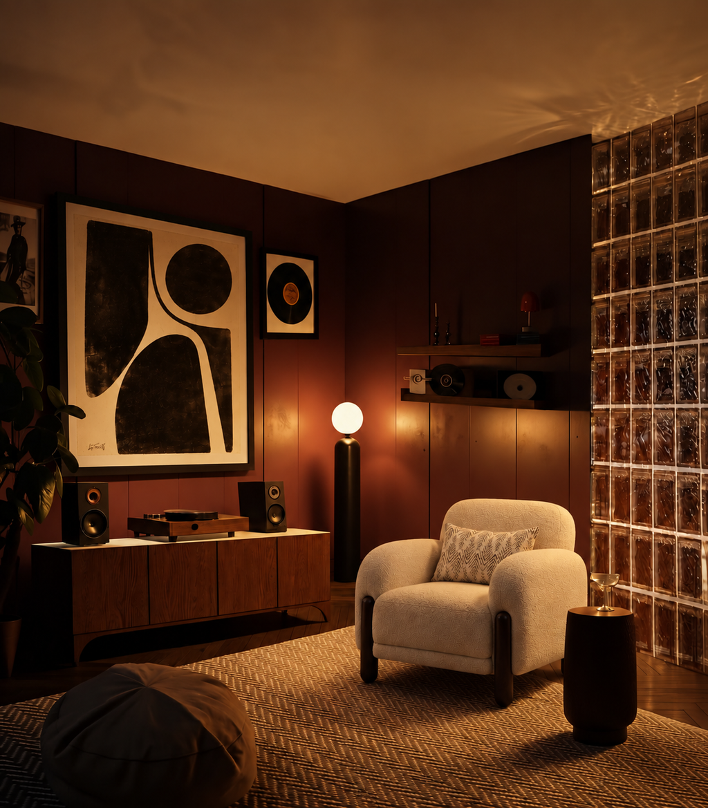 A cozy, warmly lit living room corner featuring a cream armchair with a patterned pillow, a mid-century modern wooden media console with speakers and a record player, abstract wall art, a floor lamp, and a glass block wall.