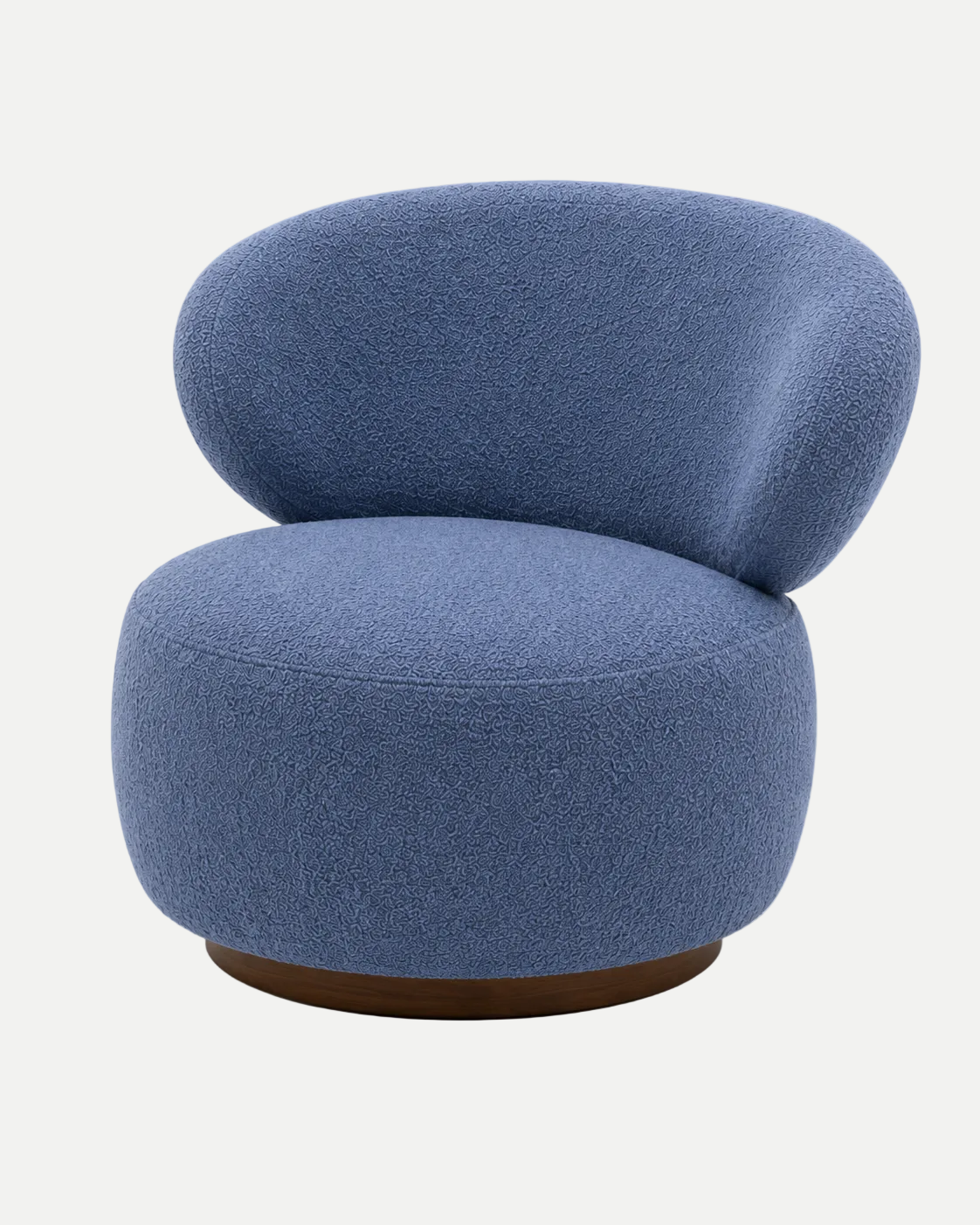 A modern round lounge chair upholstered in textured blue bouclé fabric, featuring a rounded backrest and a dark brown wooden base, shown on a clean white background.