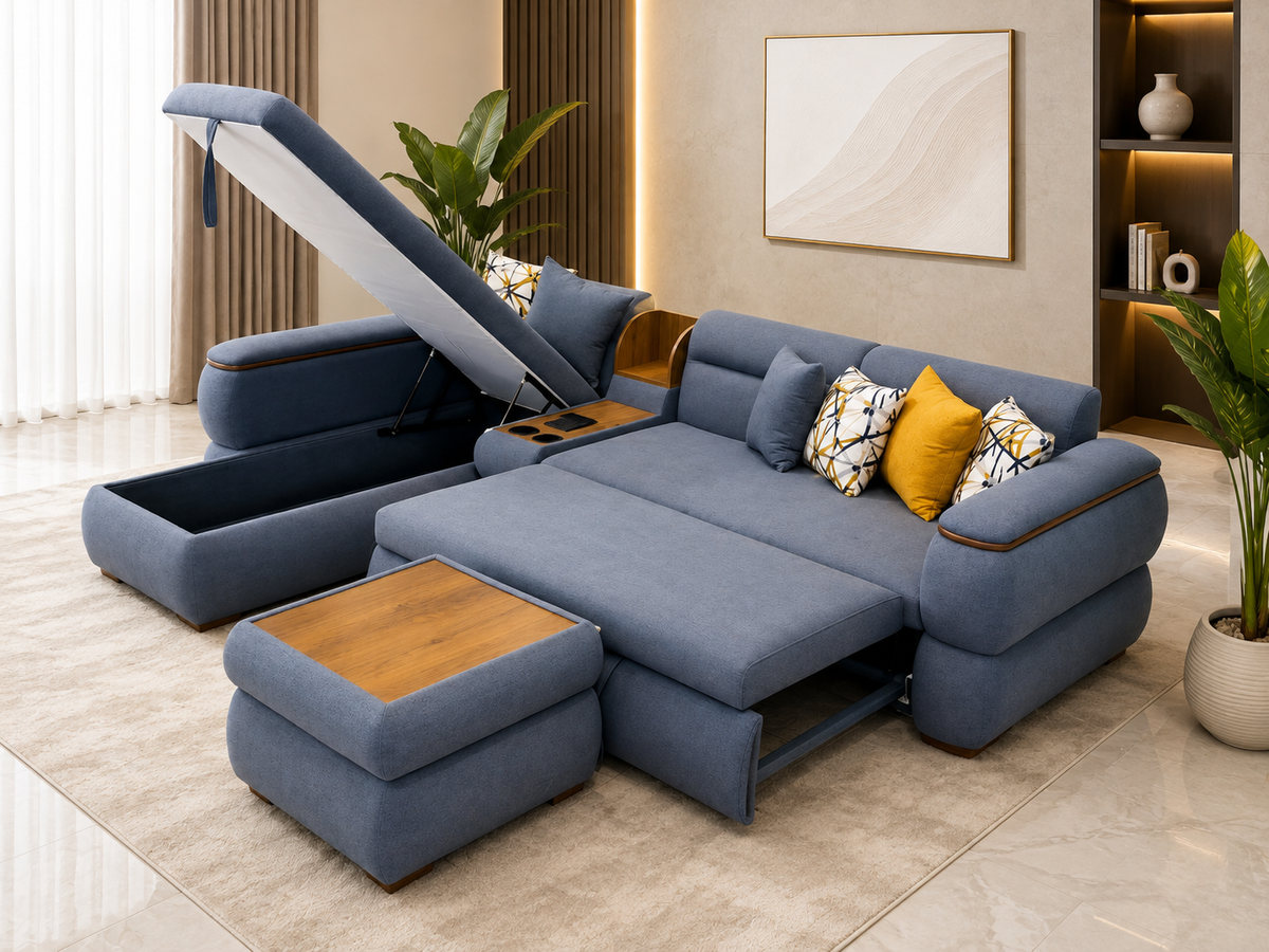 A modern blue fabric sectional sofa with a lift-up ottoman and extended footrest, styled in a contemporary living room with accent pillows and plants.