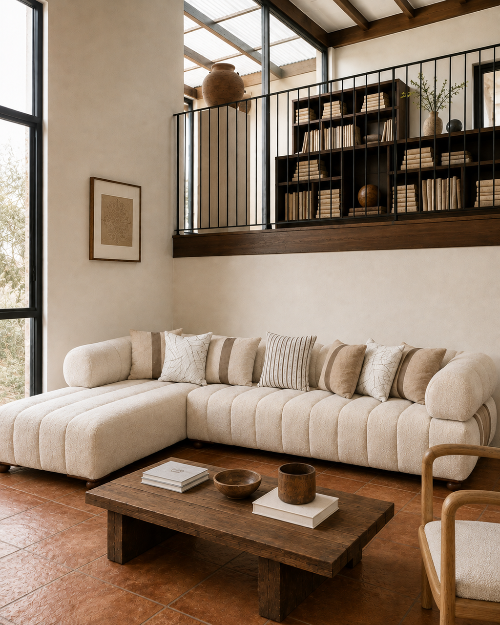 A cream tufted sectional sofa with striped and textured accent pillows in a modern, warm-toned living room with terracotta tile floors and a wooden coffee table.