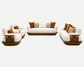 A modern 3-piece sofa set featuring cream-colored upholstery, warm brown wooden bases, and accent pillows in brown and beige, set against a seamless light gray background.