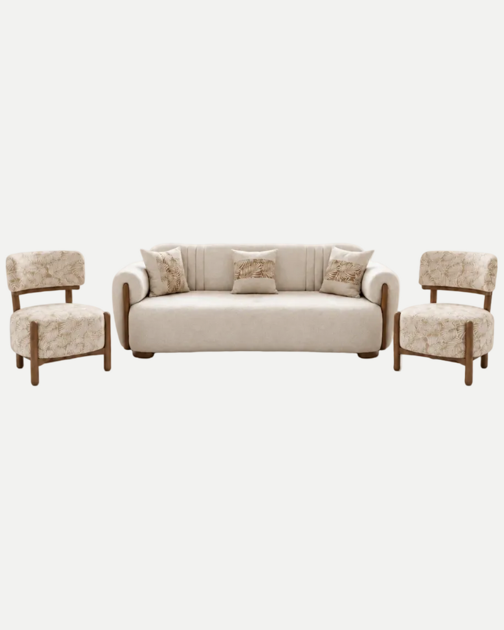 A modern three-piece sofa set featuring a cream upholstered sofa with wooden legs, flanked by two matching armchairs with patterned beige upholstery and wooden frames, set against a solid white background.