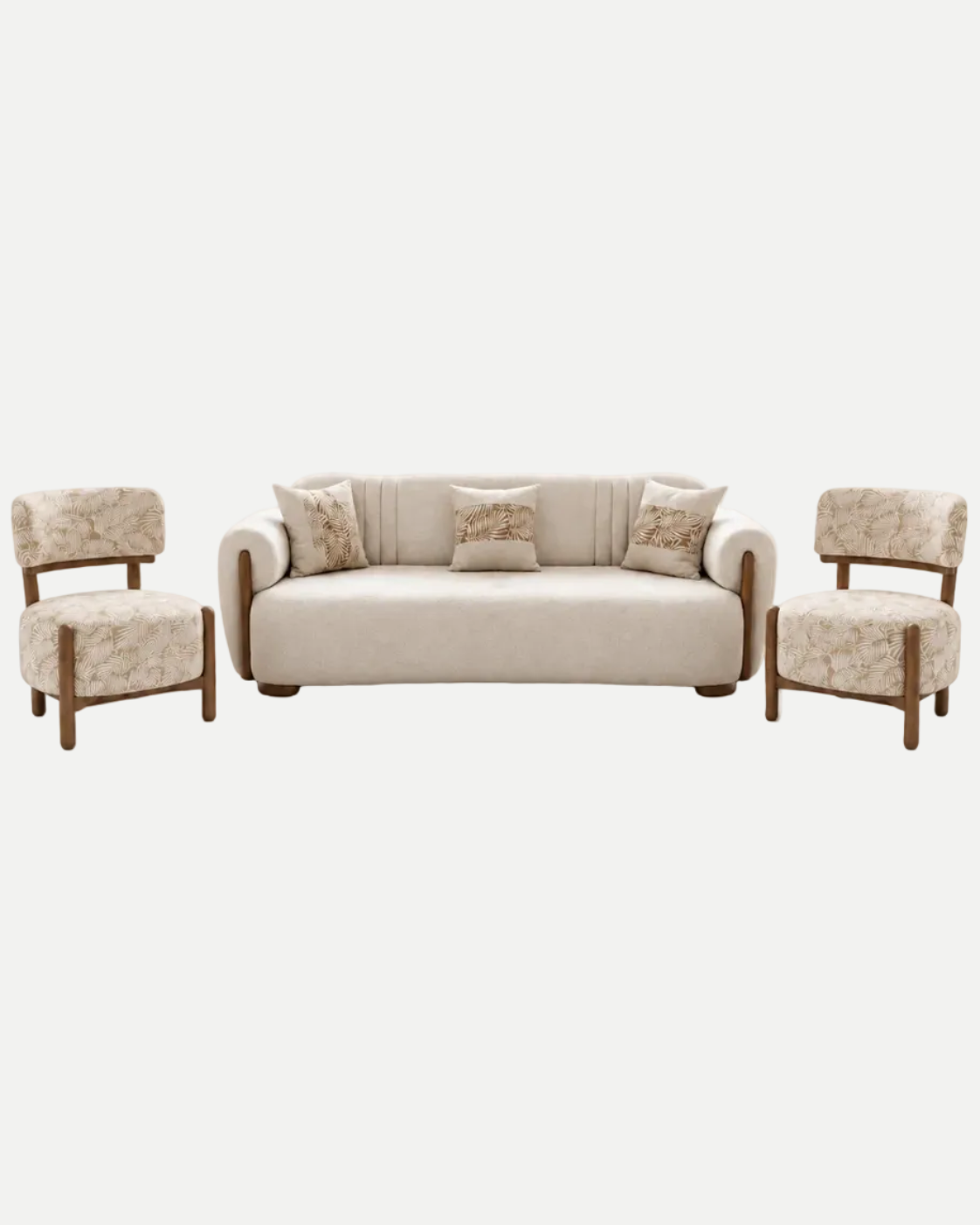 A modern three-piece sofa set featuring a cream upholstered sofa with wooden legs, flanked by two matching armchairs with patterned beige upholstery and wooden frames, set against a solid white background.
