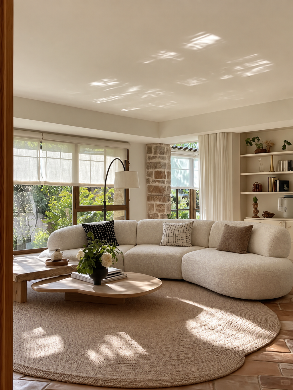 A modern living room featuring a large cream-colored curved sectional sofa, a round natural jute rug, and a low wooden coffee table. The room is styled with neutral-toned pillows, built-in wooden shelves, and large windows with soft sunlight filtering through.