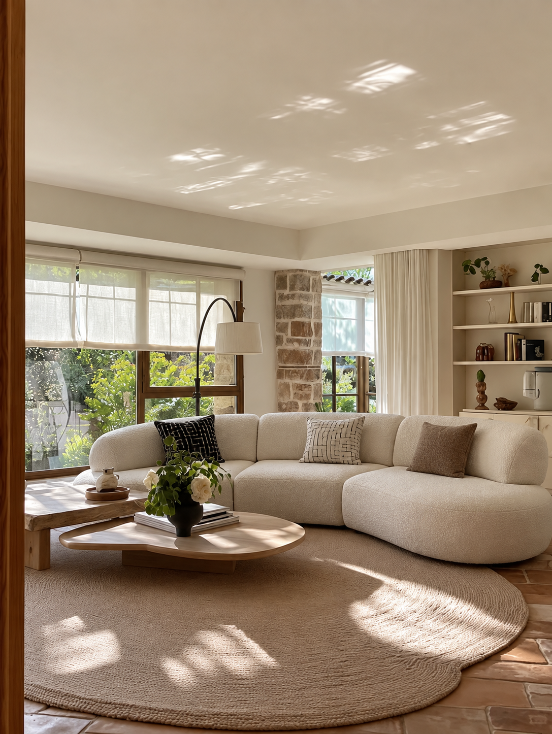 A modern living room featuring a large cream-colored curved sectional sofa, a round natural jute rug, and a low wooden coffee table. The room is styled with neutral-toned pillows, built-in wooden shelves, and large windows with soft sunlight filtering through.
