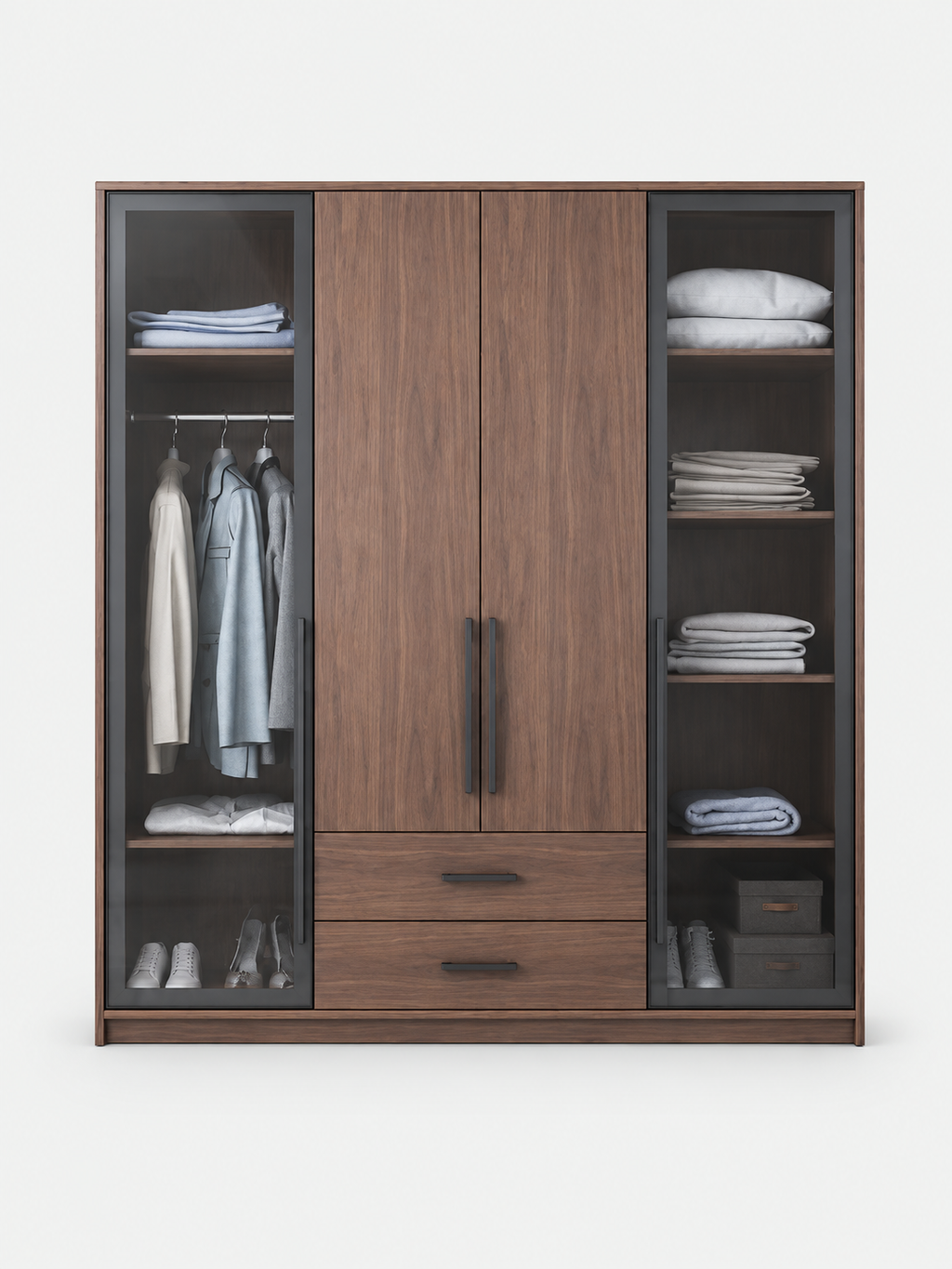 A modern three-door wardrobe with a medium brown wood grain finish, featuring two central doors with dark handles, two lower drawers, and two side cabinets with glass doors showing folded clothes and folded linens inside.