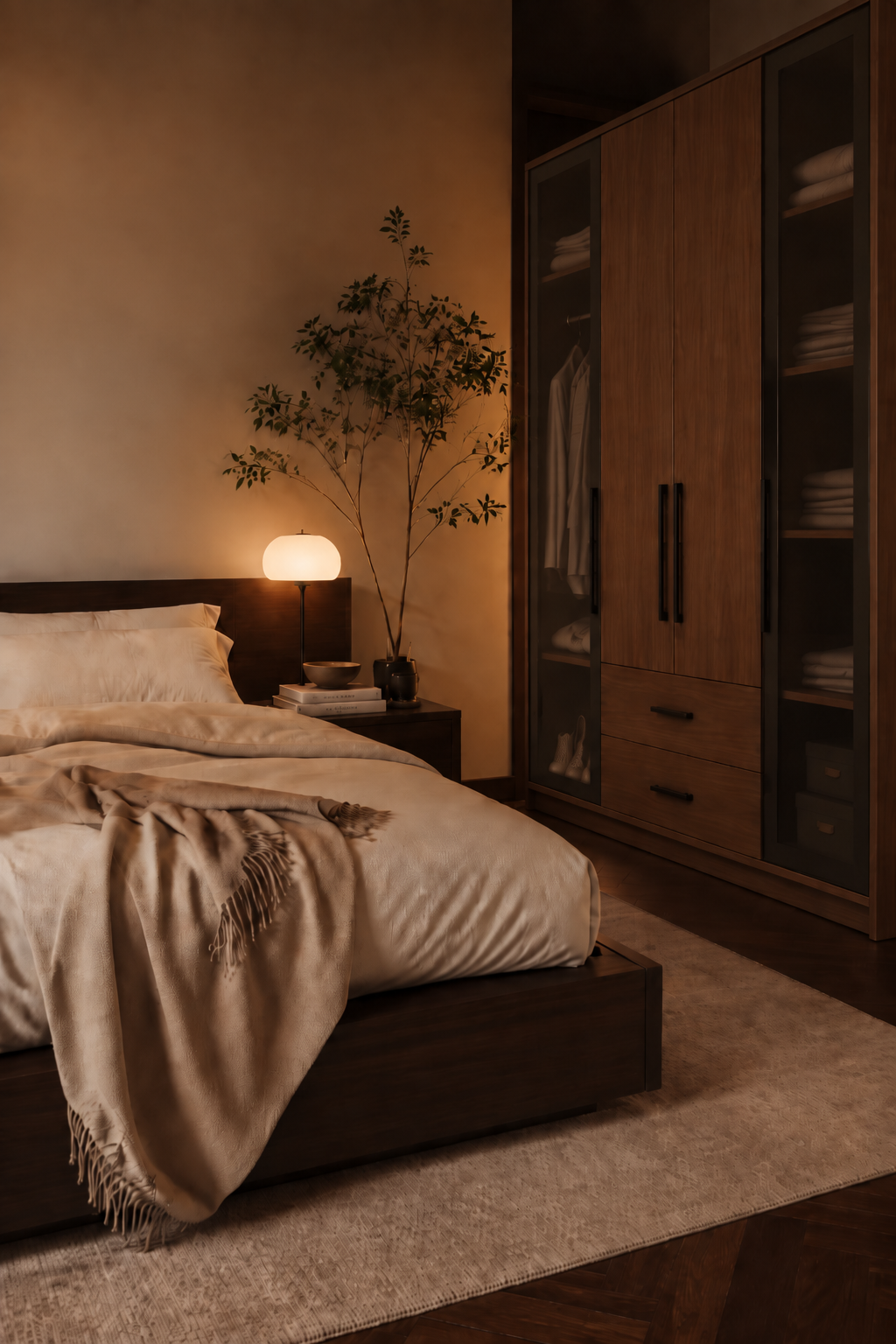 A modern bedroom scene featuring a low-profile platform bed with cream bedding and a beige throw blanket, positioned next to a large dark wood wardrobe with glass doors. A small bedside table with a glowing lamp and a potted plant sits between the bed and the wardrobe, all set on a textured beige rug.