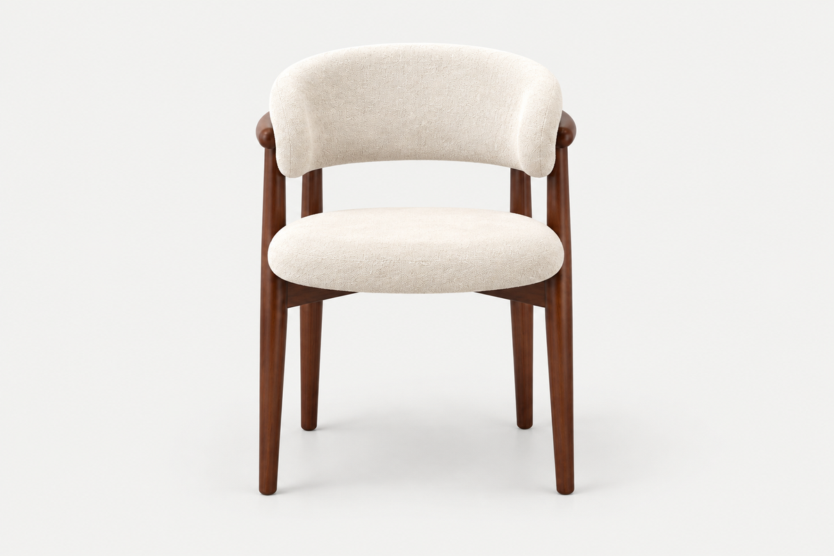 A modern accent chair with a curved cream upholstered backrest and seat, supported by a dark brown wooden frame with tapered legs, shown against a light gray background.