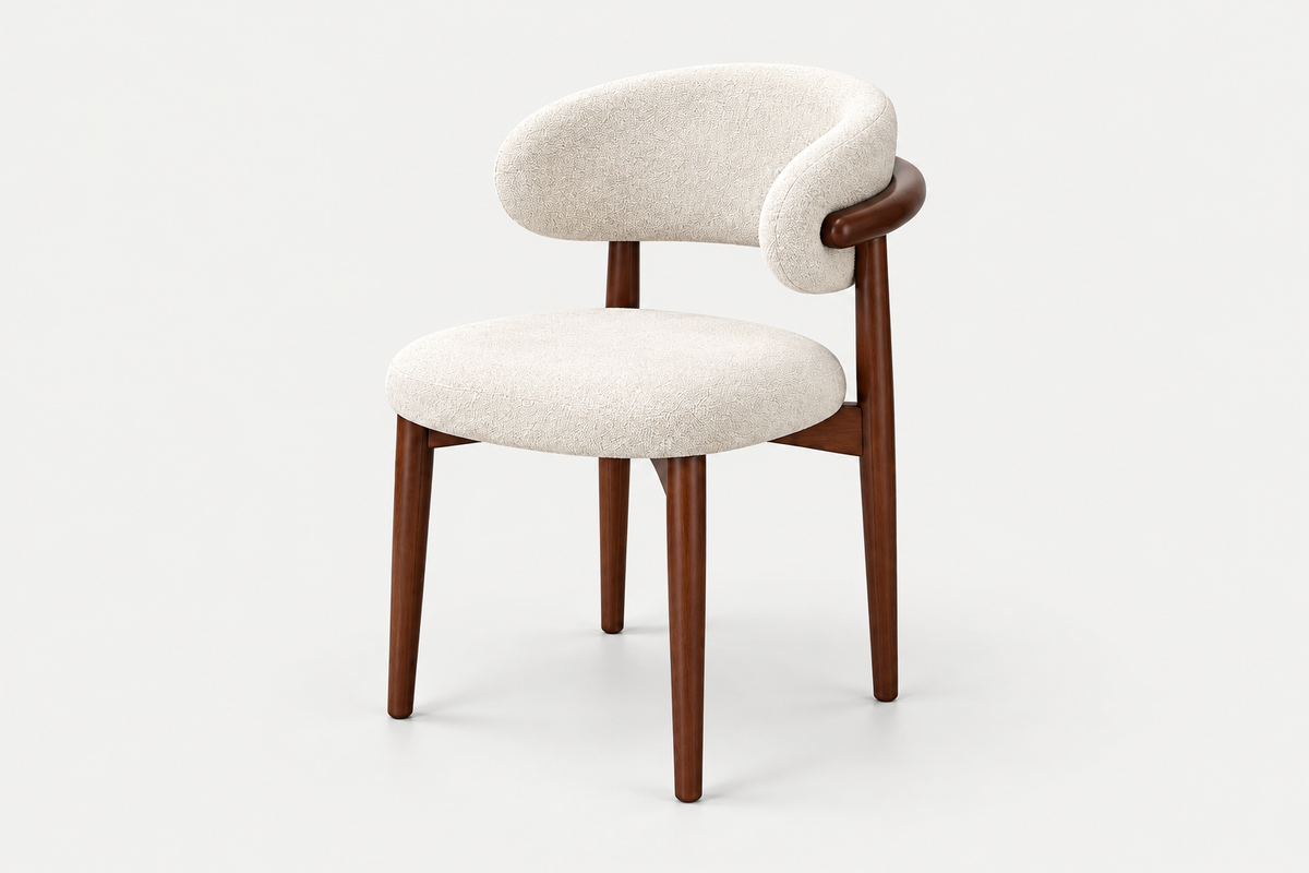A modern dining chair with a curved cream upholstered backrest and seat, supported by a dark brown wooden frame and legs, shown against a plain white background.