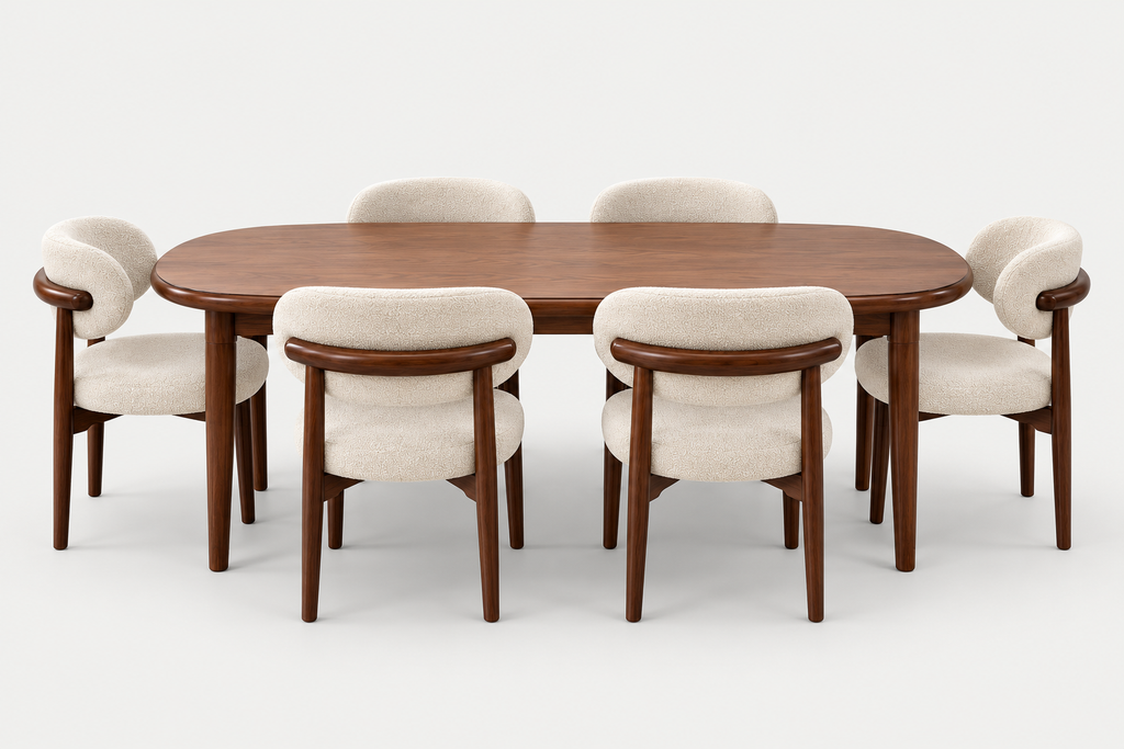 A mid-century modern dining set featuring a rounded rectangular wooden table and six matching upholstered chairs with curved backs and cream fabric, shown on a light gray background.