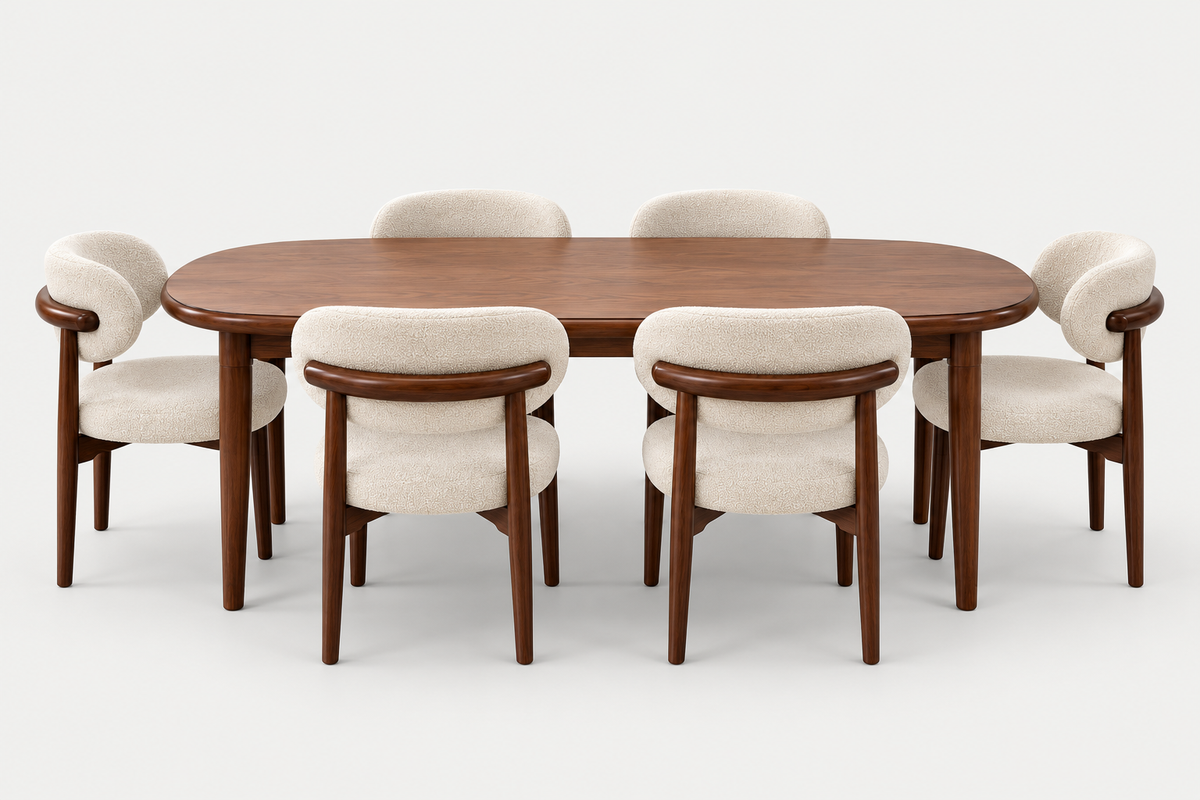 A mid-century modern dining set featuring a rounded rectangular wooden table and six matching upholstered chairs with curved backs and cream fabric, shown on a light gray background.