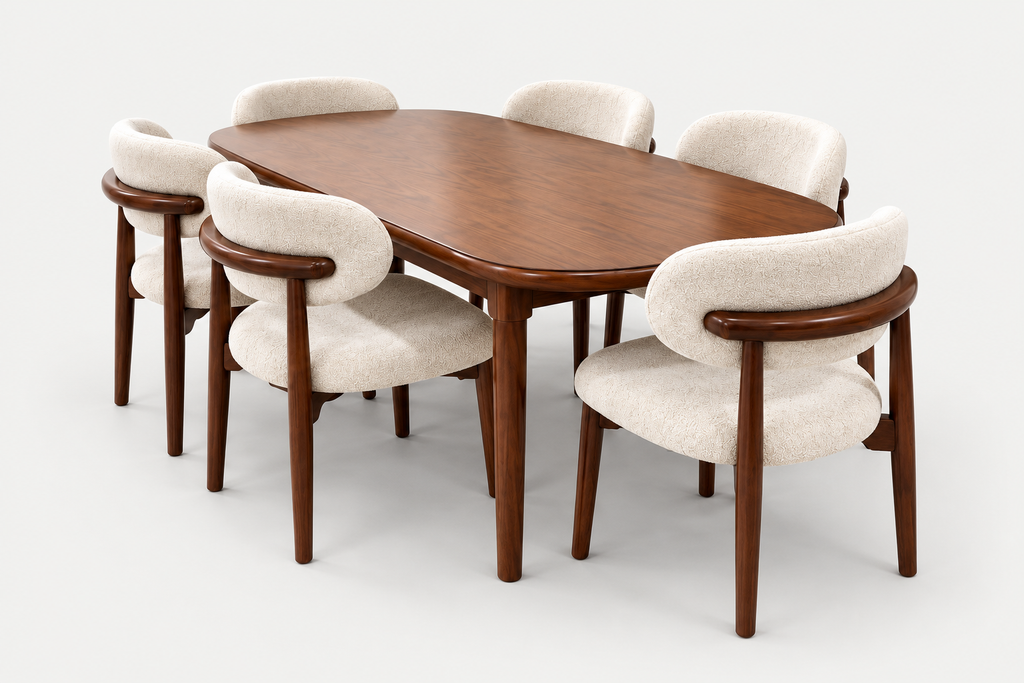 An oval wooden dining table with six upholstered chairs, photographed on a clean light gray studio background.