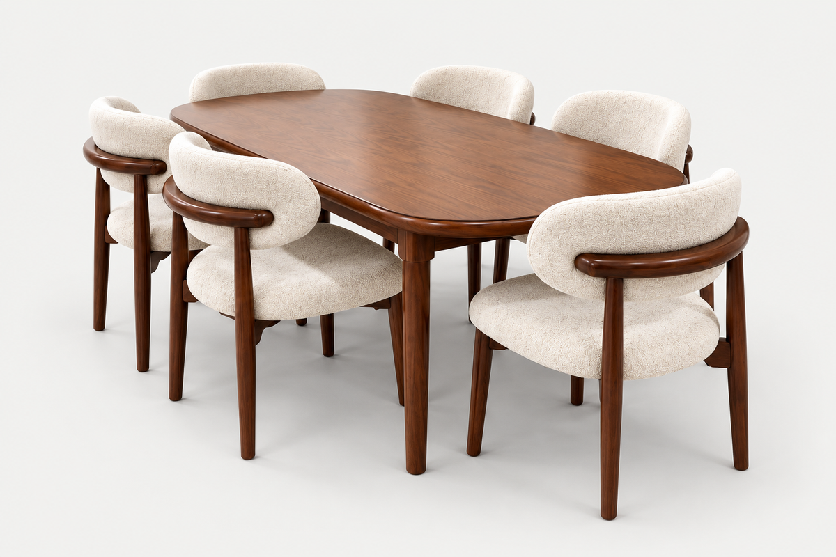 An oval wooden dining table with six upholstered chairs, photographed on a clean light gray studio background.