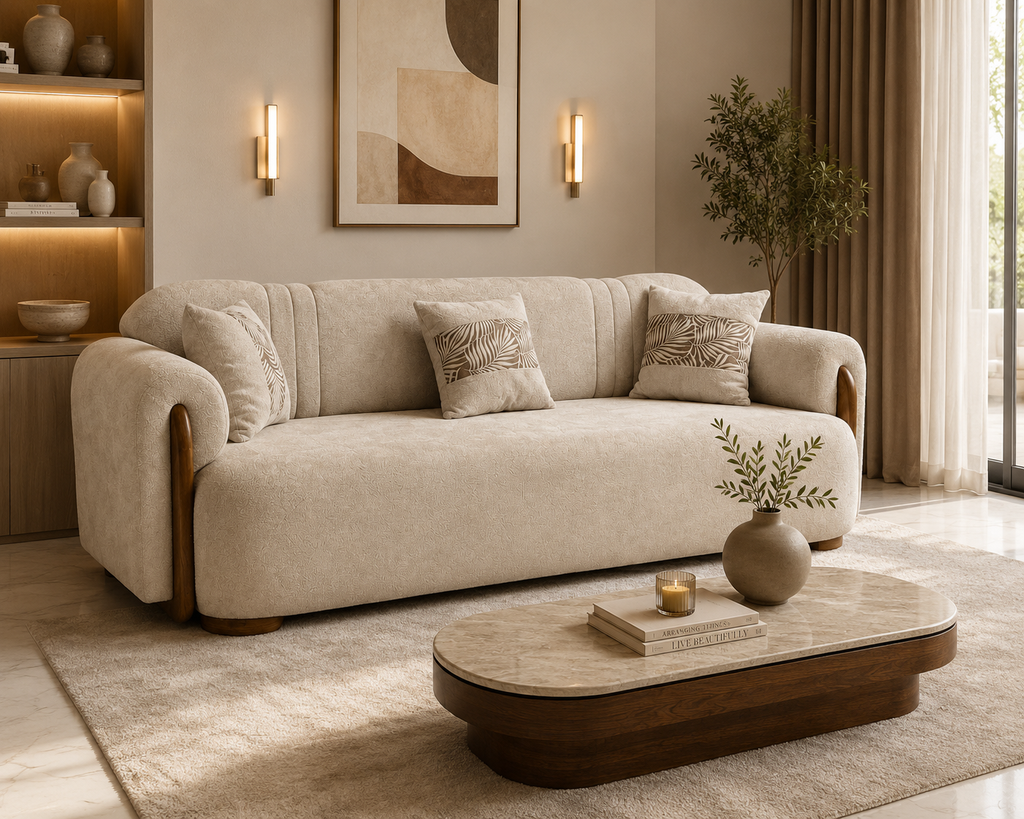 A cream-colored upholstered sofa with curved arms and wooden legs, styled in a modern living room with matching pillows, a marble-top coffee table, and warm wall lighting.