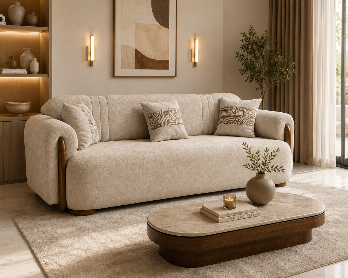 A cream-colored upholstered sofa with curved arms and wooden legs, styled in a modern living room with matching pillows, a marble-top coffee table, and warm wall lighting.