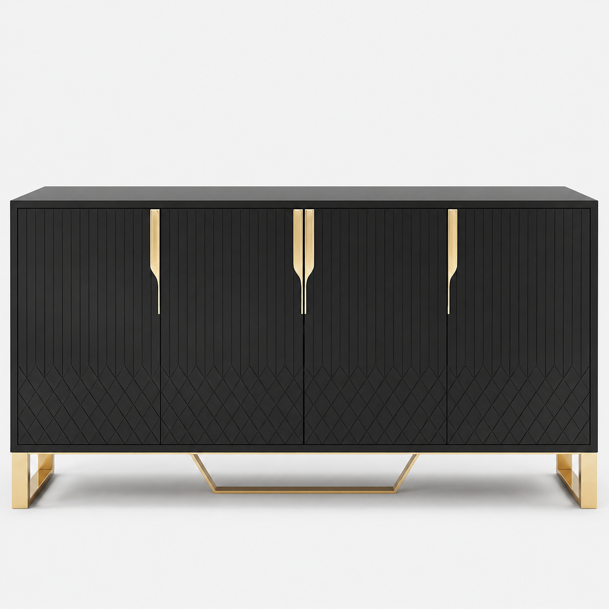 A modern black sideboard cabinet with four vertically paneled doors, featuring gold-tone geometric handles, a geometric gold metal base frame, and gold legs, shown against a plain white background.