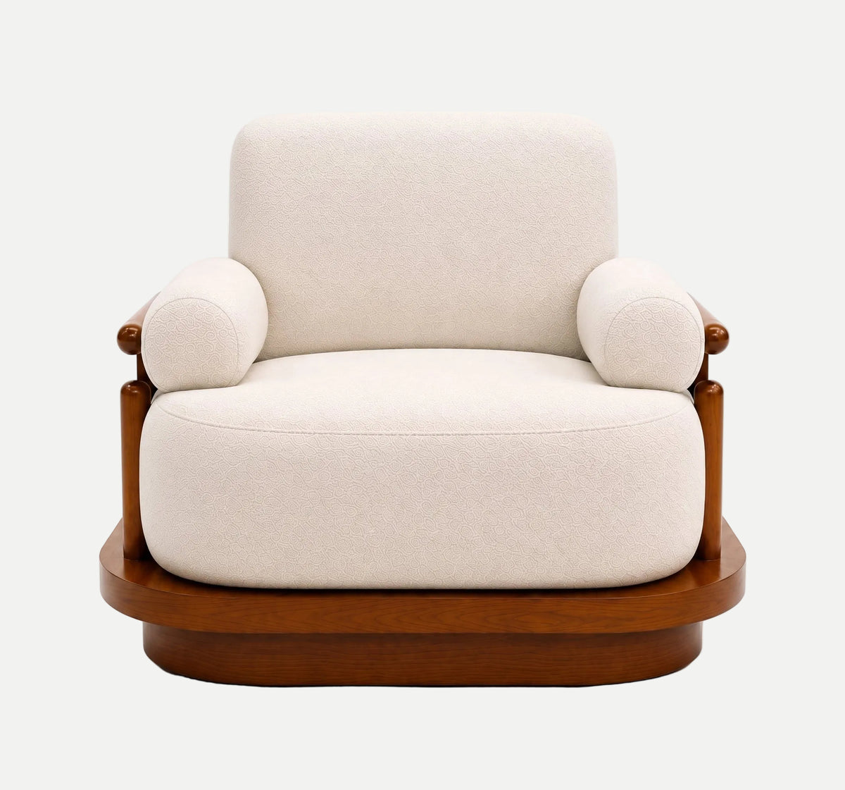 A modern armchair with cream-colored fabric upholstery and a polished brown wooden frame, set against a plain white background.