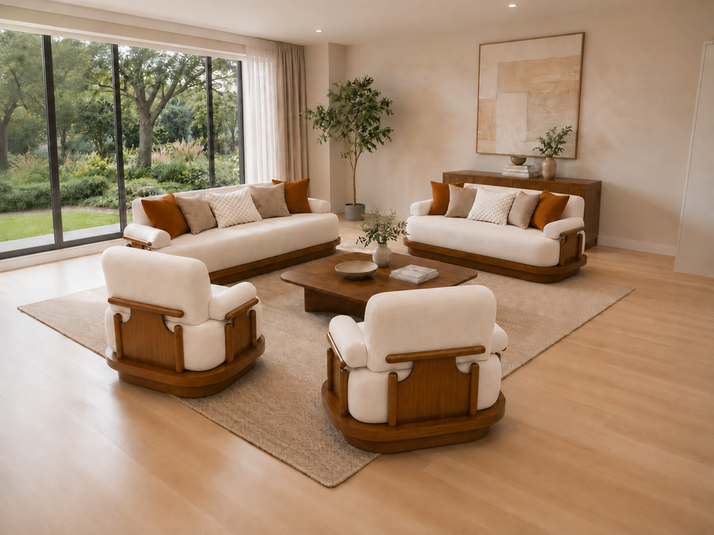 A modern living room featuring a coordinated furniture set with cream upholstered chairs and sofas on sculptural wooden bases, arranged on a large beige rug around a dark wood coffee table. Large windows with a garden view, light wood flooring, and neutral walls complete the scene.