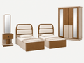 A 4-piece bedroom furniture set featuring two single beds with upholstered cream and wood frames, a matching wooden nightstand with a mirror, and a tall wooden wardrobe with mirrored doors, shown on a plain white background.
