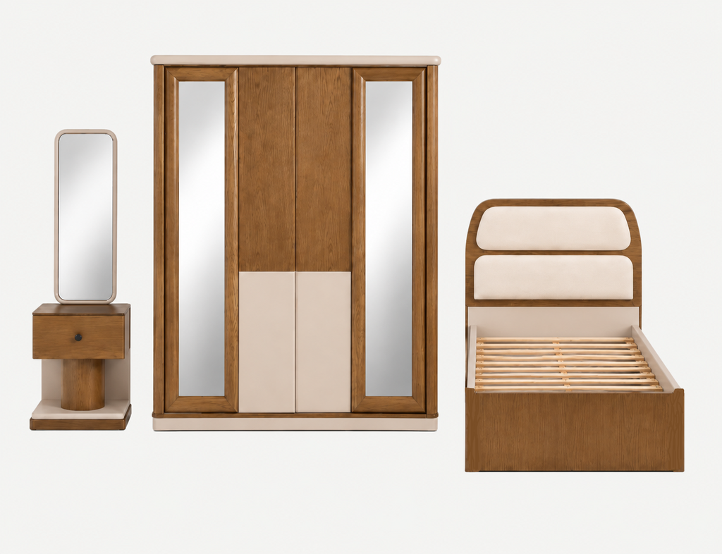 A coordinated bedroom furniture set on a light gray background, including a tall wood-and-mirrored wardrobe, a small matching nightstand with a mirror, and a bed frame with upholstered headboard and footboard.