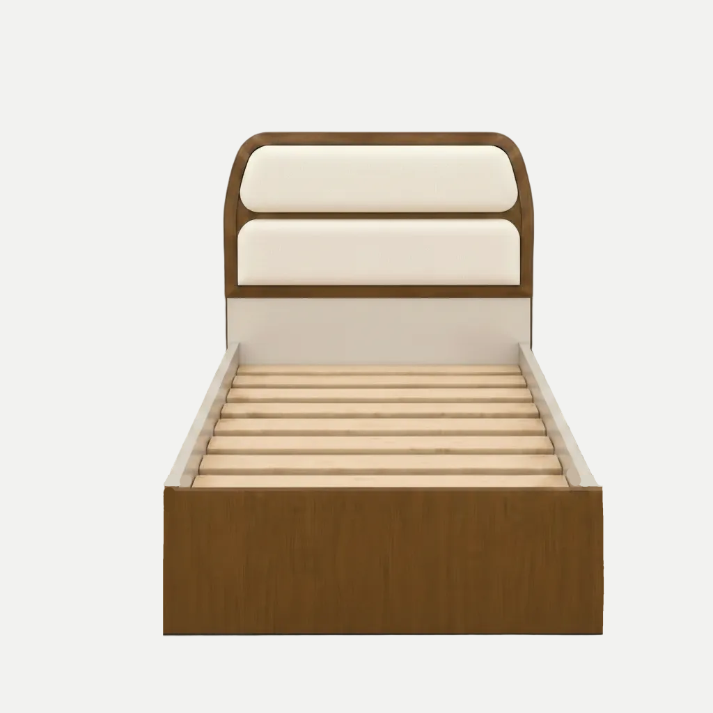 A modern single bed frame with a brown wood-grain finish and a padded cream headboard, shown from a front-three-quarters angle on a light gray background.