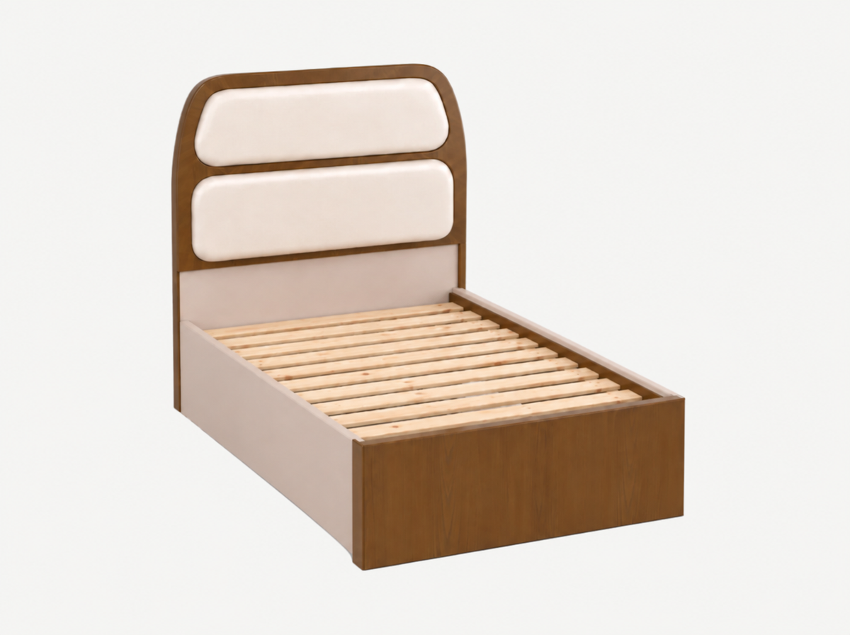 A modern single bed frame with a light brown wood finish and cream-colored padded headboard panels, shown on a plain light gray background.