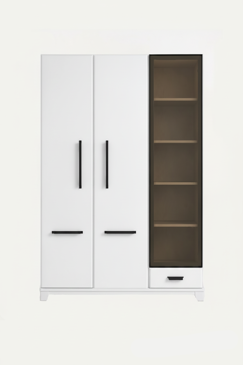 A modern white two-door wardrobe or cabinet with black handles and a tall, narrow glass-front side section showing three shelves, set against a plain white background.