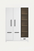 A modern white two-door wardrobe or cabinet with black handles and a tall, narrow glass-front side section showing three shelves, set against a plain white background.