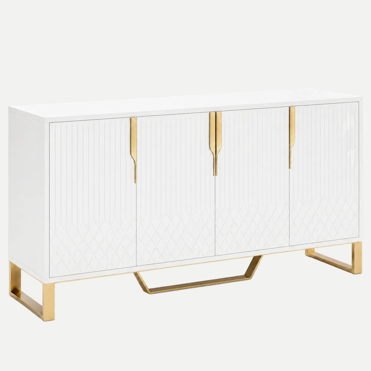 A modern white sideboard cabinet with four vertically paneled doors, featuring gold-tone geometric handles, a geometric pattern on the lower door panels, and a gold metal frame with legs, shown against a light gray background.