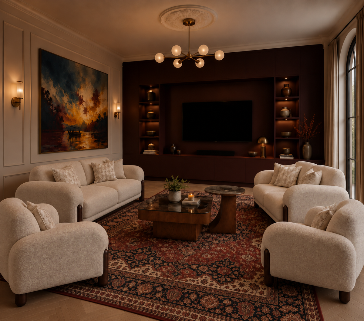 A luxury living room featuring a symmetrical arrangement of cream-colored armchairs and sofas around a dark wood coffee table and a large patterned oriental rug. The background is dominated by a dark brown media wall with built-in shelves and a television, flanked by a large colorful landscape painting on the left.