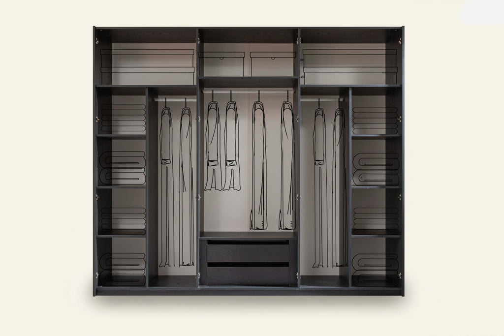 A dark gray modular walk-in closet organizer with open shelving, hanging rods, and a central drawer, shown against a plain white background.
