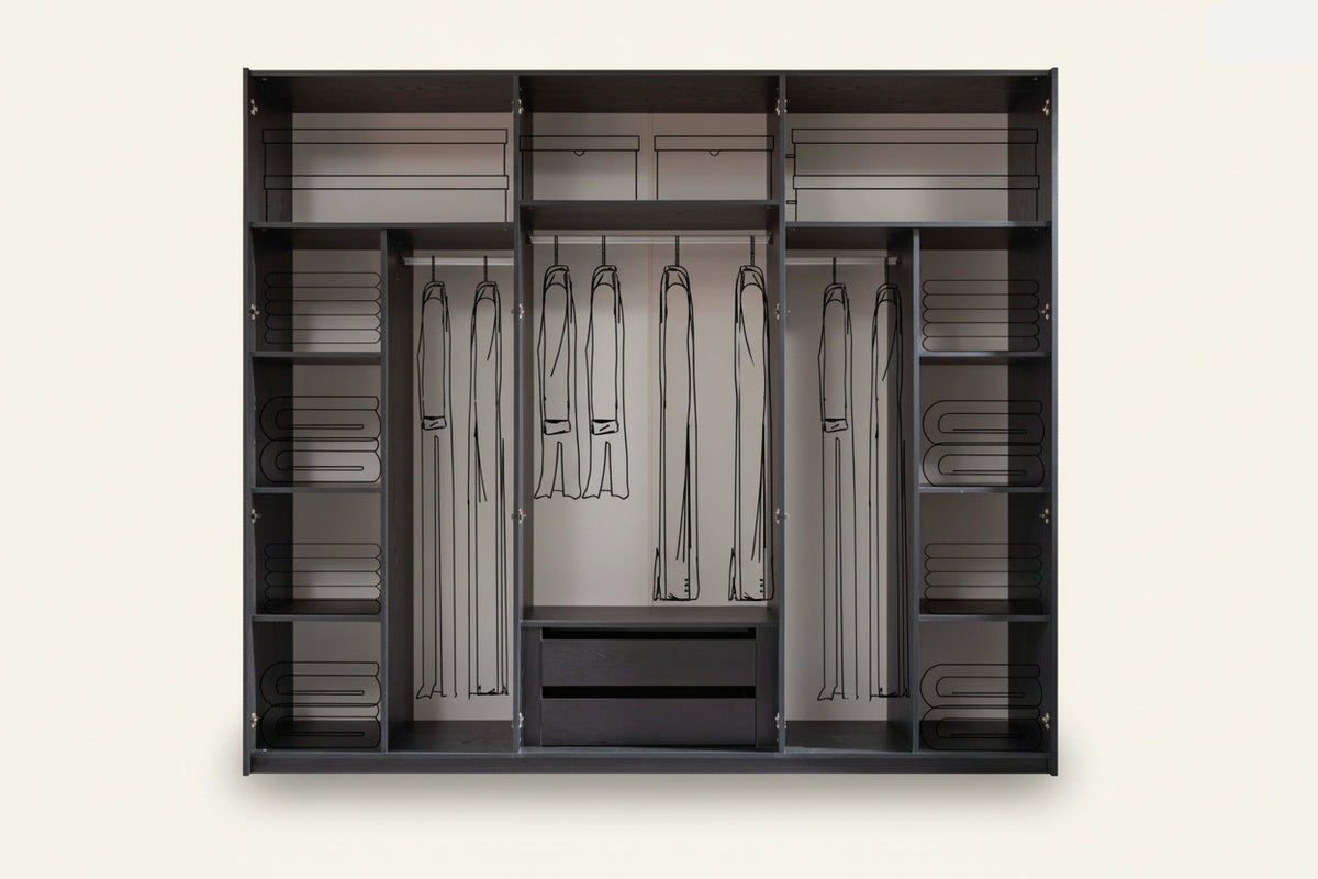 A dark gray modular walk-in closet organizer with open shelving, hanging rods, and a central drawer, shown against a plain white background.