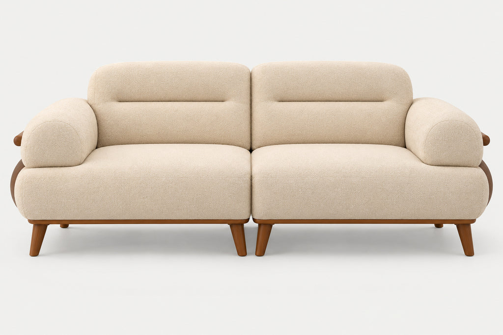 A modern two-seater sofa with cream-colored textured fabric upholstery and medium brown wooden legs, shown against a plain light gray background.